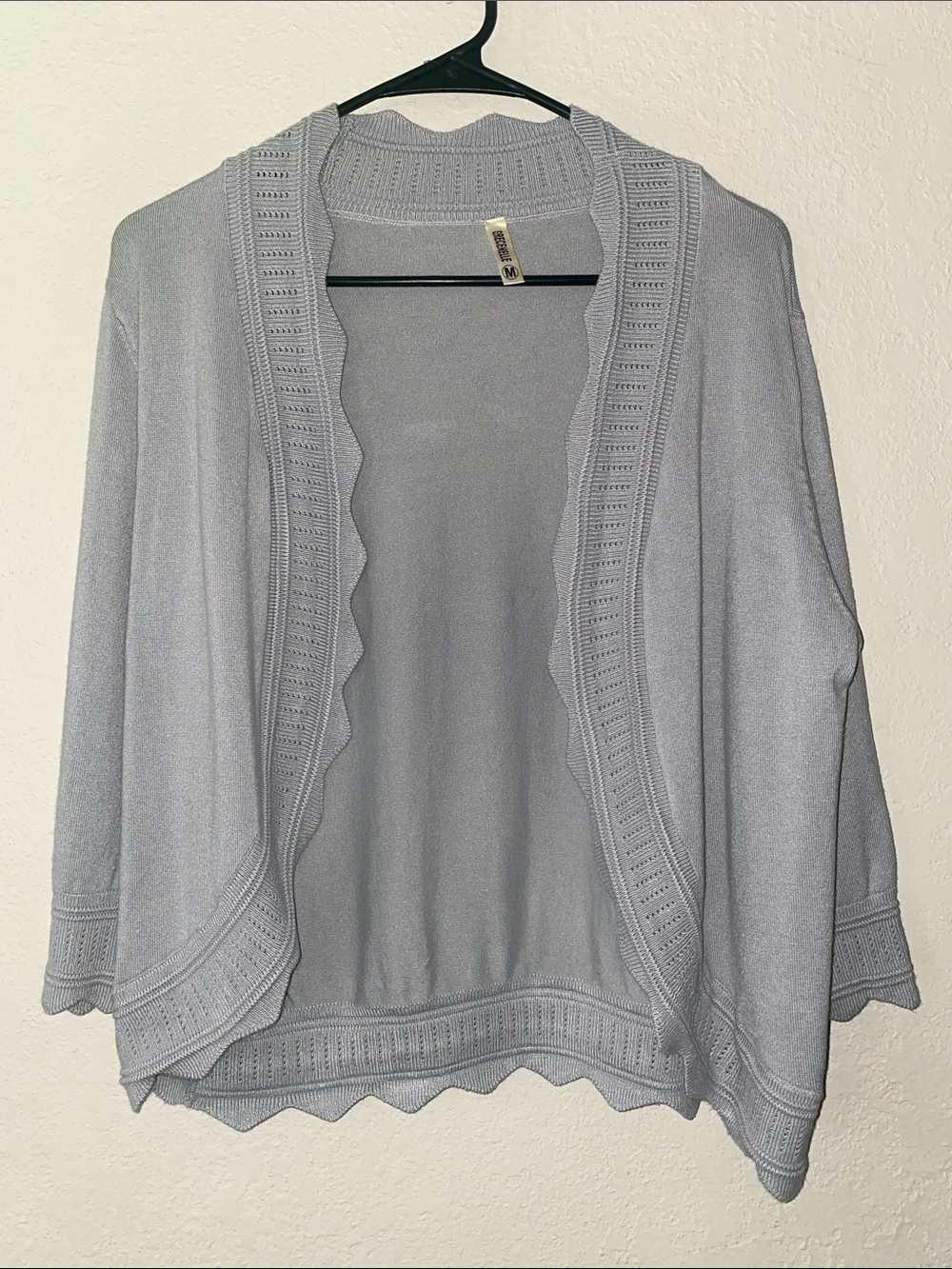 Women's Open-Front Scalloped Trim Cardigan - Light Gray - Picture 2 of 11